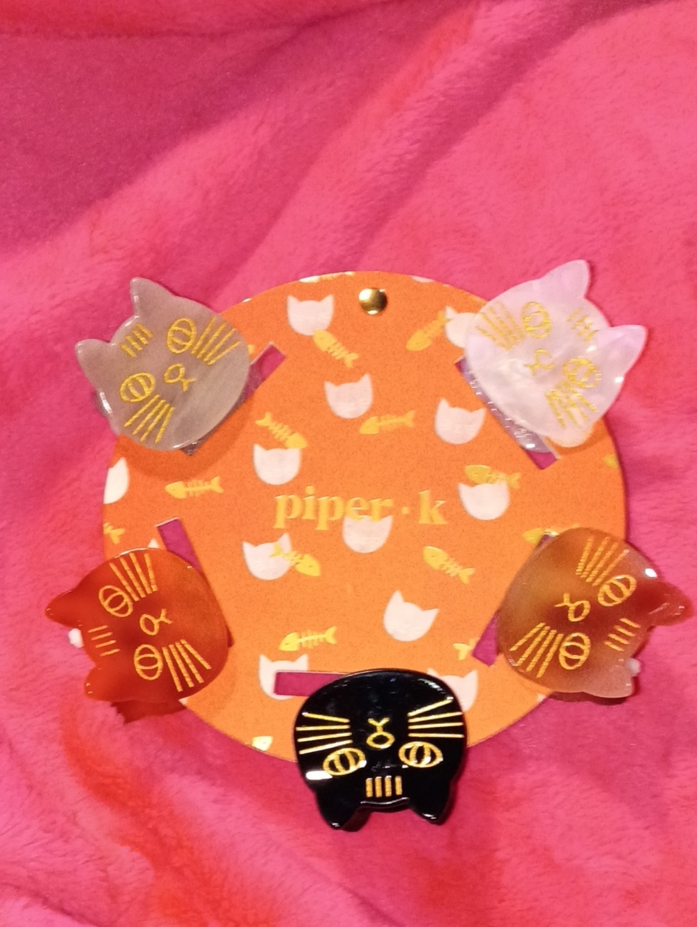 Piper•k Cat Face Acrylic Hair Clips — Pink, White, Orange, Brown, Black Set